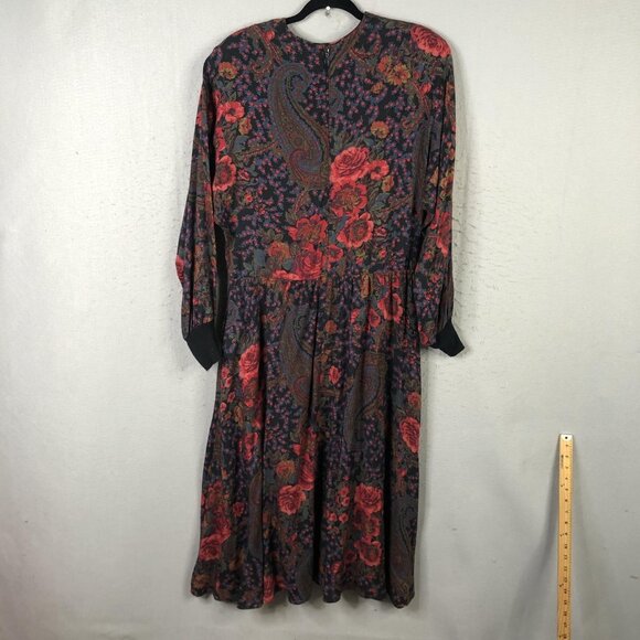 VINTAGE David Warren Dress Womens 12 Black Floral Paisley Made USA Back Zip 80s - Picture 2 of 16